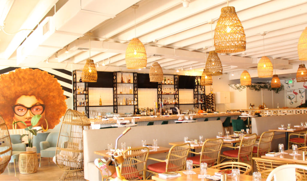Interior of a hip, modern restaurant.