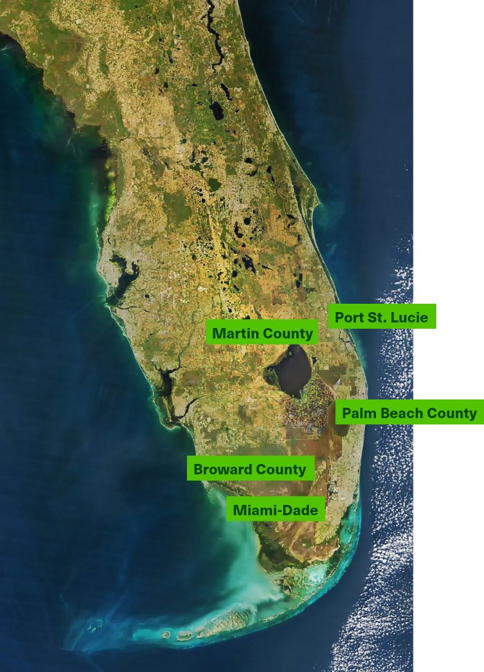 A map of southern Florida and multiple counties in which DC Green has operated.